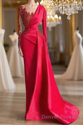 Gorgeous Red Long Sleeve Mermaid Evening Dresses Lace Appliques Prom Gown Ruffles